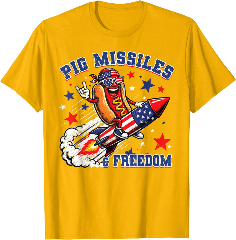 Pig Missiles and Freedom 4th of July Patriotic Hotdog T-Shirt - Golden Yellow