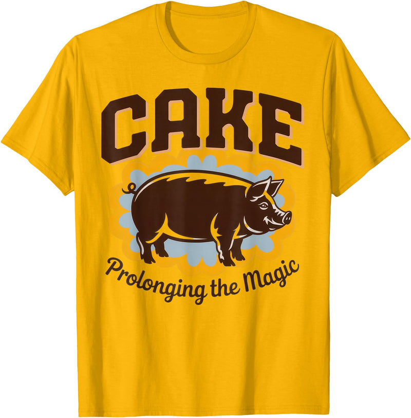 Irony Barn Club for Alt Music and Dry Humor Fans Cake Prolonging the Magic Funny Retro Pig Expression Vibes T-Shirt - Golden Yellow