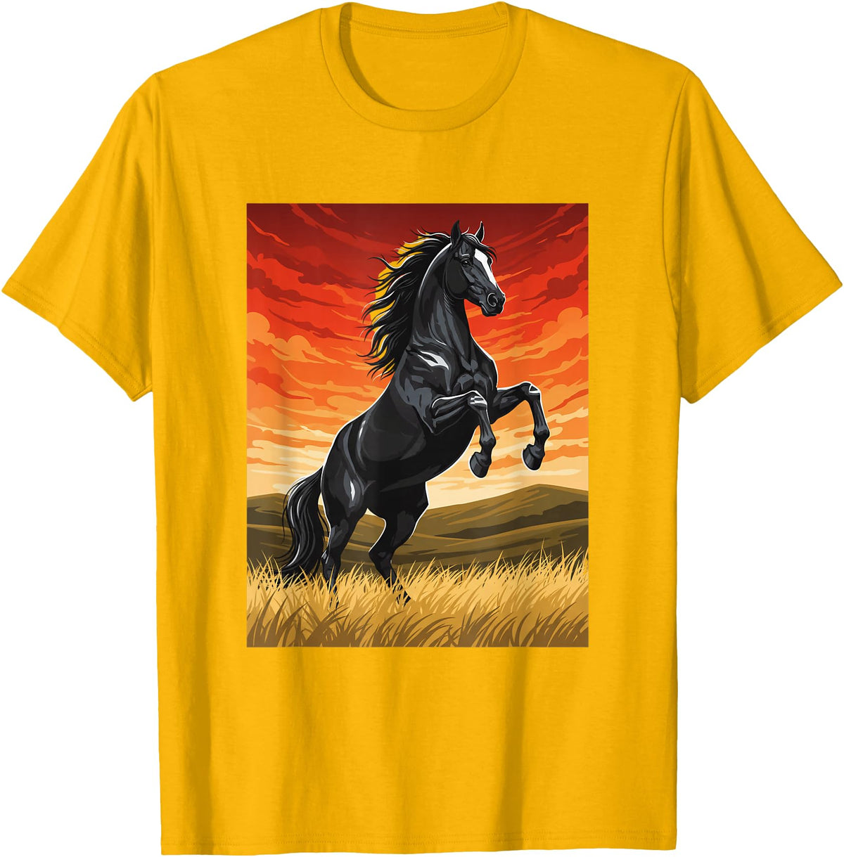 Horse Ranch Cowboy Western Equine Stallion Wy Black Horse Rearing Sunset Ranch Horse Art Print Wy T-Shirt - Golden Yellow