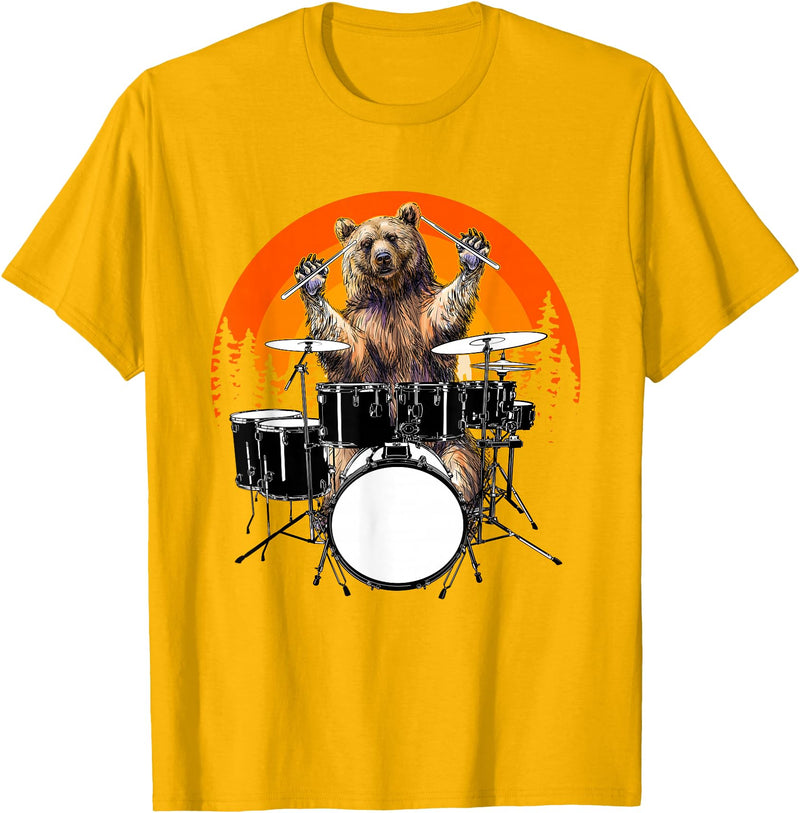 Drum Instrument Drummer Apparel Musical Animal Bear Playing Drums For Drum Lover And Musical Drummer Lover T-Shirt - Golden Yellow