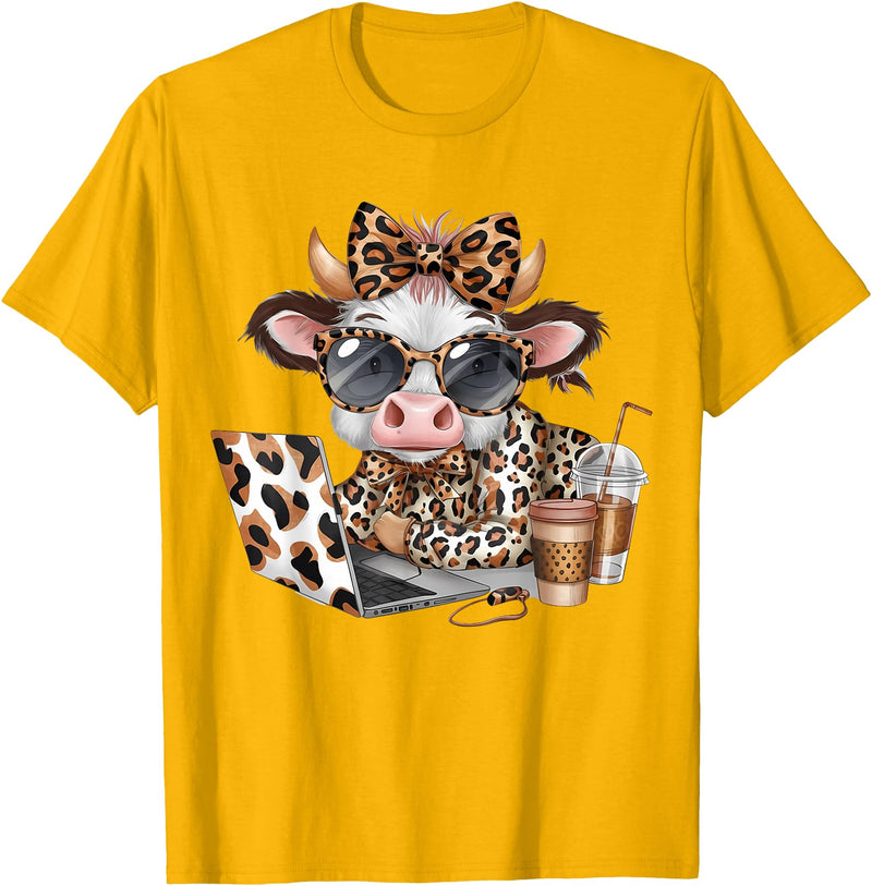 Cute Highland Cow Coffee Addict Cute Cow Leopard Coquette Coffee Lover Girls Women T-Shirt - Golden Yellow