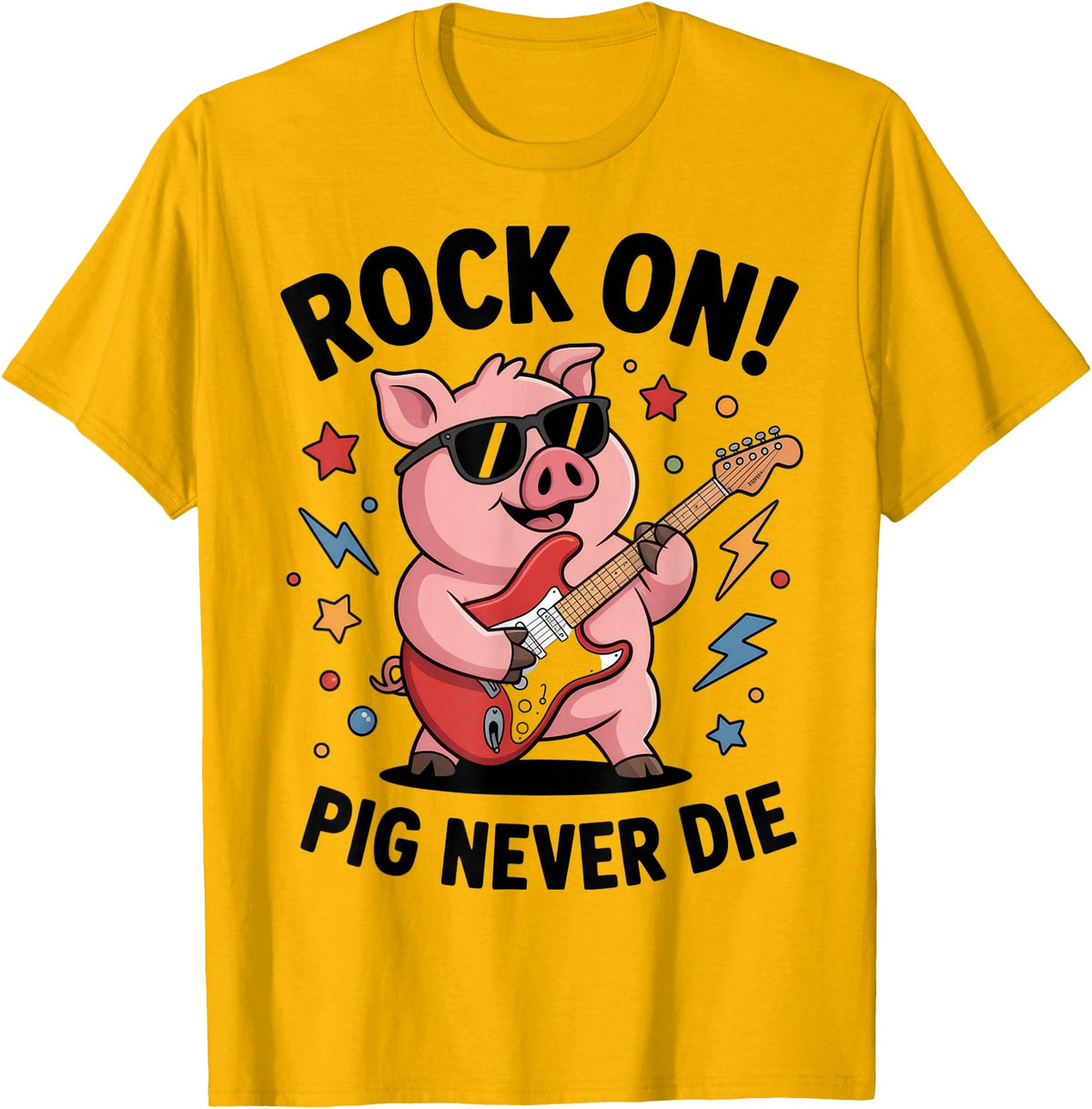 Musical Pig Tribe Collective for Rock Enthusiasts Rock On Pig Never Die Music Lovers Funny Concert Vibe T-Shirt - Golden Yellow