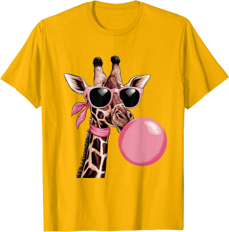 Funny Giraffe Lover Design Outfit Funny Cute Giraffe Pink Bubble Gum and Pink Sunglasses T-Shirt - Golden Yellow