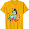 Clever Witty Designs Hindu god Lord Shri Krishna with a Cow and a Bird T-Shirt - Golden Yellow