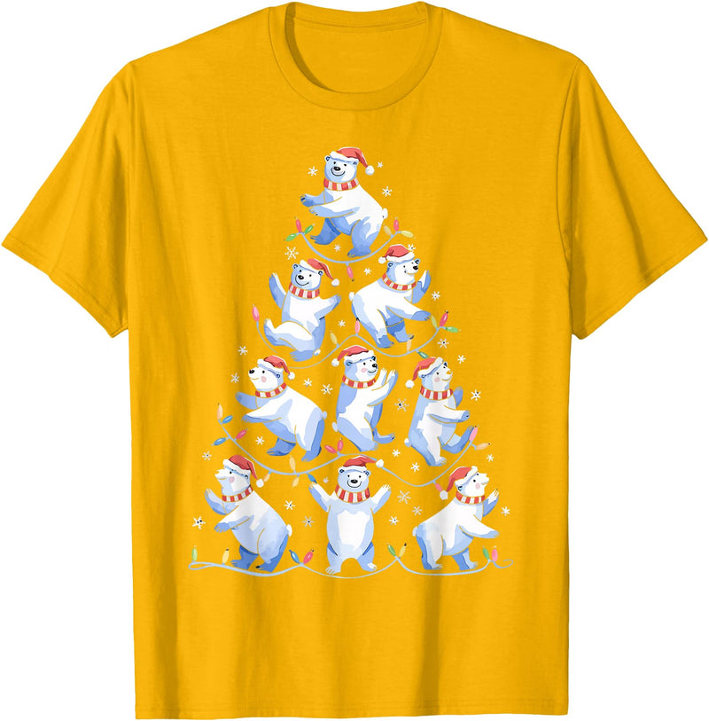 White Giant Christmas Tree Lights Santa Hats Polar Bear Christmas Tree Funny Ice Bear Holiday T-Shirt - Golden Yellow