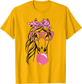 Funny Horses Lover Ladies Cute Horse Bandana Headband Glasses T-Shirt - Golden Yellow