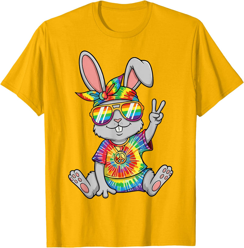 Hippie Tie Dye Rabbit Peace Sign T-Shirt in Golden Yellow