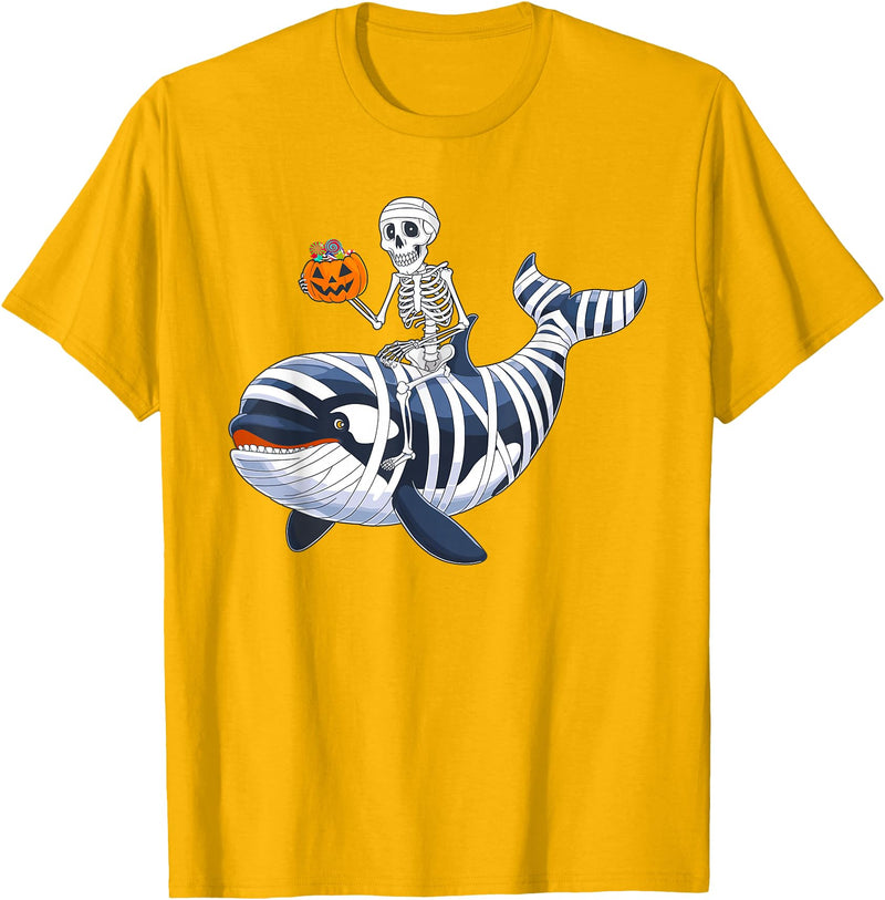 Orca Skeleton Halloween Whale Apparel Co. Skeleton Riding Mummy Orca Halloween Candy Whale T-Shirt - Golden Yellow