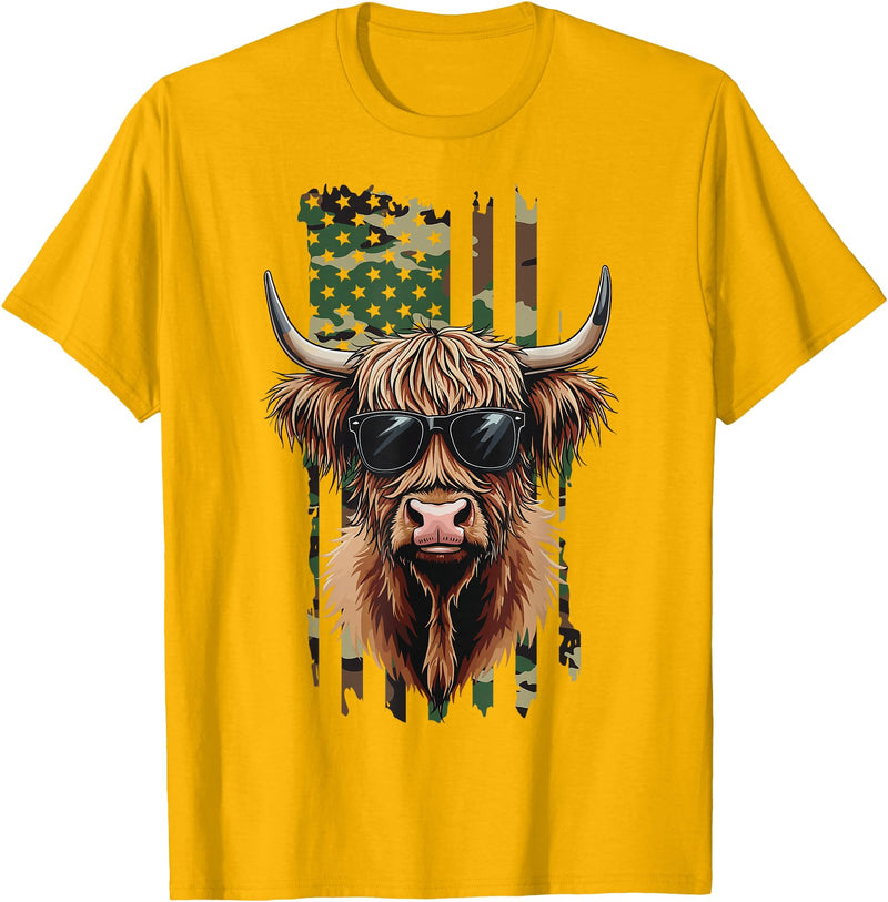 Highland Cow by AKH Highland Cow Camo American Flag, Patriotic Highland Cow T-Shirt - Golden Yellow