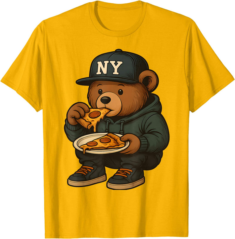 Street Food Streetwear & Hip Hop Style Designs Hip Hop Teddy Bear Eating New York Style Pizza Teenager Men T-Shirt - Golden Yellow