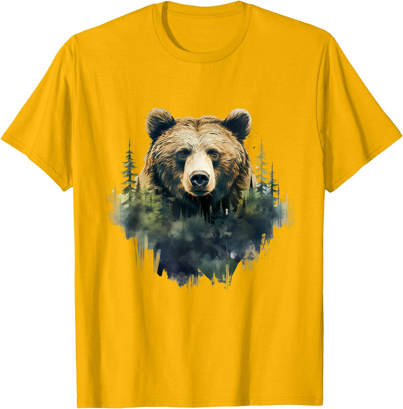 Bear Forest Animal Art Portrait Forest Artwork Wildlife T-Shirt - Golden Yellow
