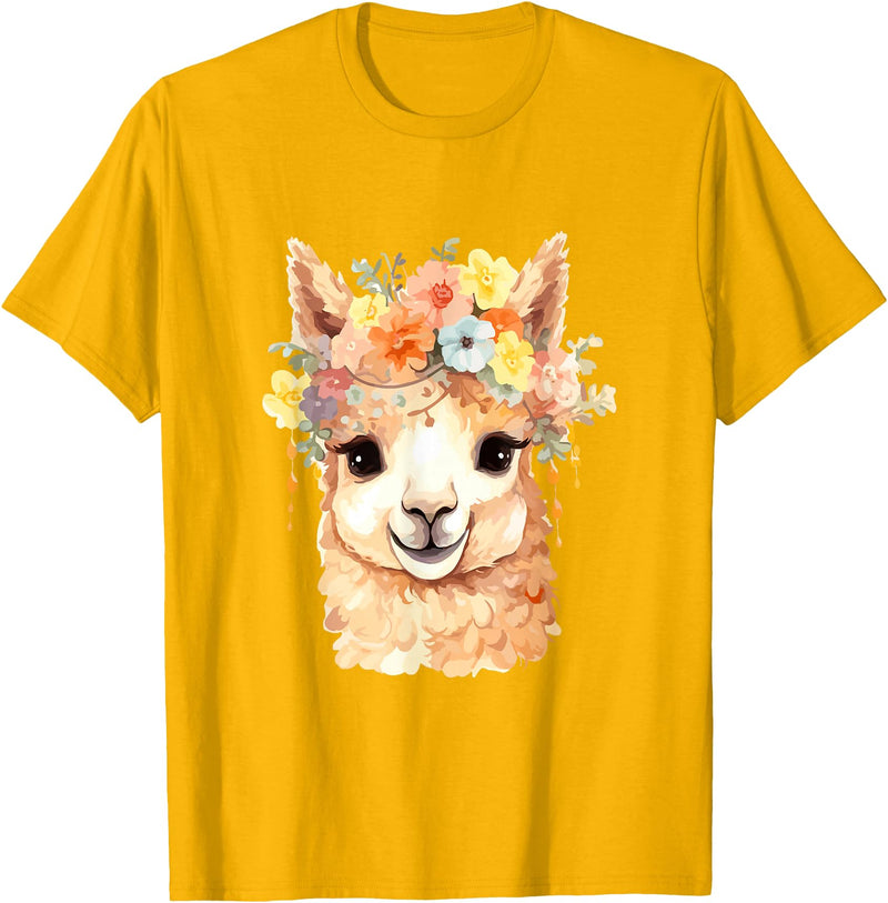 Alpaca and llama with flowers Designs Alpaca with Flowers, Cute Alpaca and Llama T-Shirt - Golden Yellow