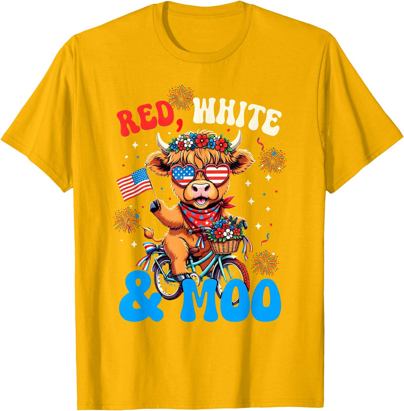 Patriotic Highland Cow USA Fourth of July Tee Red White and Moo Patriotic Highland Cow 4th July T-Shirt - Golden Yellow