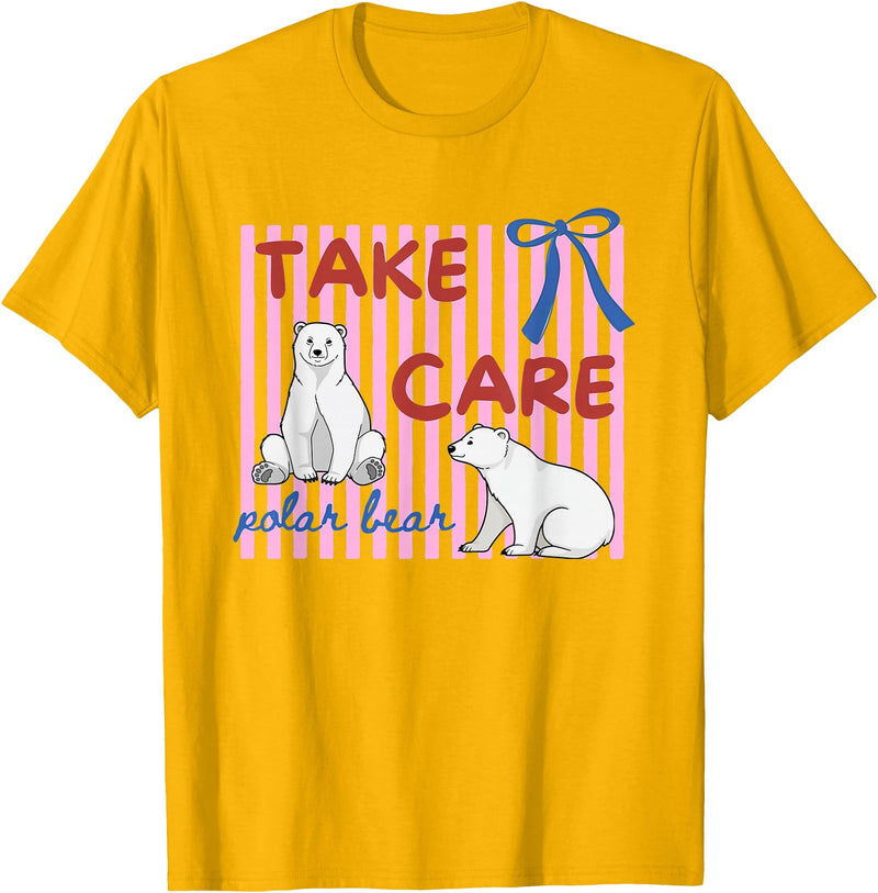 Last day of School Teacher Team Tee Pink Striped Take Care Polar Bear End of Year Teacher Team T-Shirt - Golden Yellow