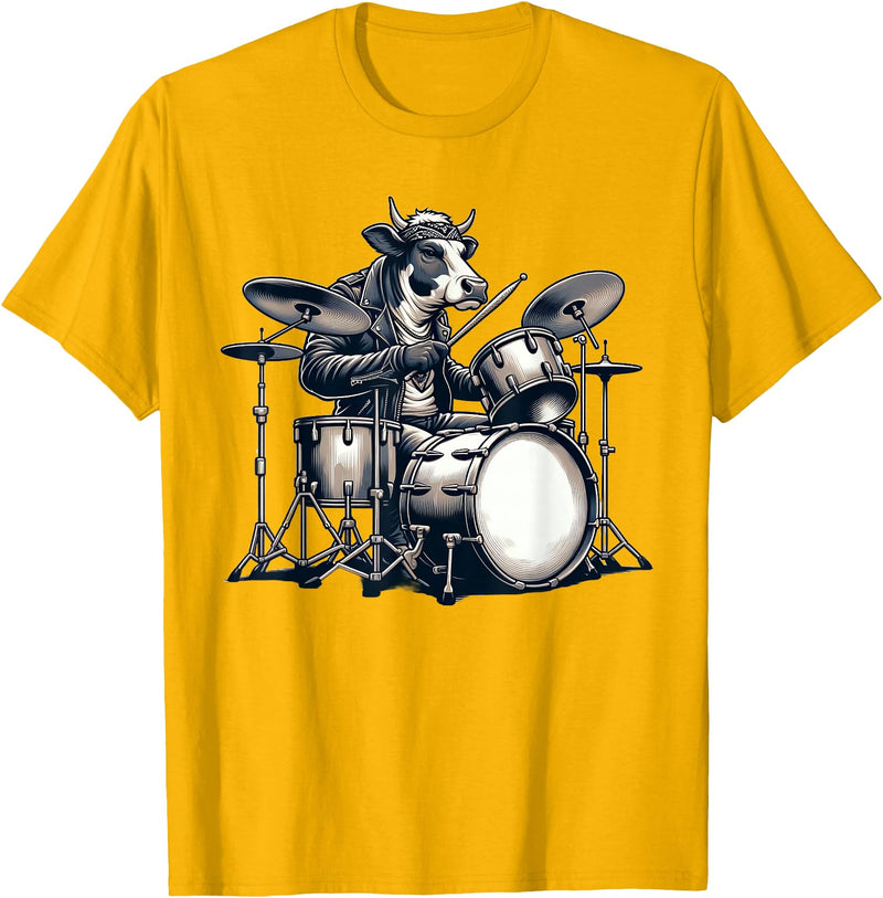 Cute Cow Playing Drums Cow Lover Apparel Cute Cow Playing Drums Cows Drummer Music T-Shirt - Golden Yellow