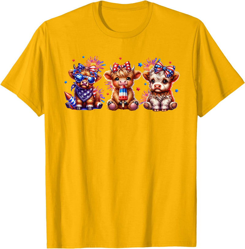 July 4th Highland Cow Farm Lovers American Costume Highland Cow Cattle Animal Lover Patriotic 4th of July T-Shirt - Golden