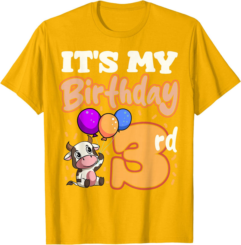 Cow Birthday 3 Party Farmyard Apparel Cow 3rd Birthday Party Balloons Moo Farm Animal Vet Barn T-Shirt - Golden Yellow