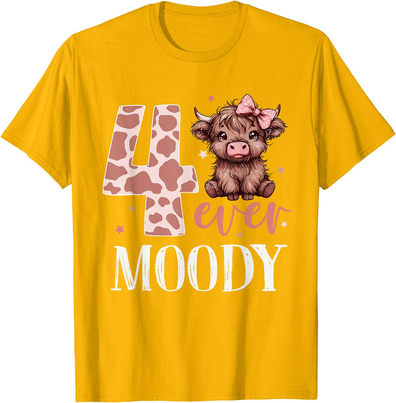 Highland Cow Print 4 Year Old Girl Birthday Gifts 4 Ever Moody Scottish Highland Cow 4th Birthday Girl T-Shirt - Golden