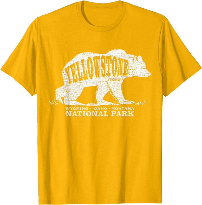 Vintage Yellowstone Retro Tees Tanks Tops Grizzly Bear Yellowstone National Park Est. 1872 T-Shirt - Golden Yellow