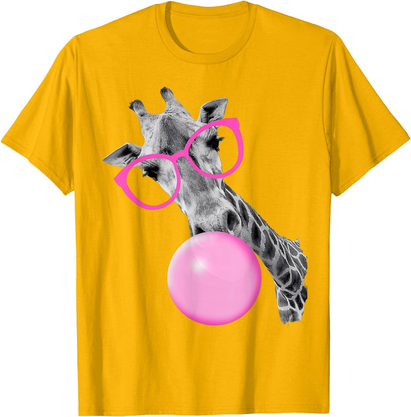 Pink Glasses and Bubblegum Animals Cool Giraffe Blowing Bubble with Pink Glasses – Funny Animal T-Shirt - Golden Yellow