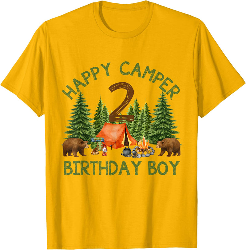 Camping 2nd Birthday Adventure Family Matching Camper 2nd Birthday Boy Forest Bear Camping Adventure Gift T-Shirt - Golden Yellow