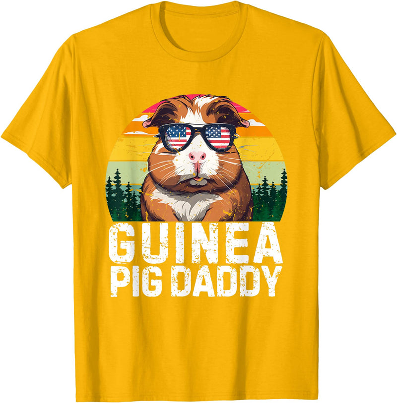 Retro 4th Of July Dad Father's Day Gifts Guinea Pig Daddy USA Flag Father's Day 4th Of July Retro T-Shirt - Golden Yellow