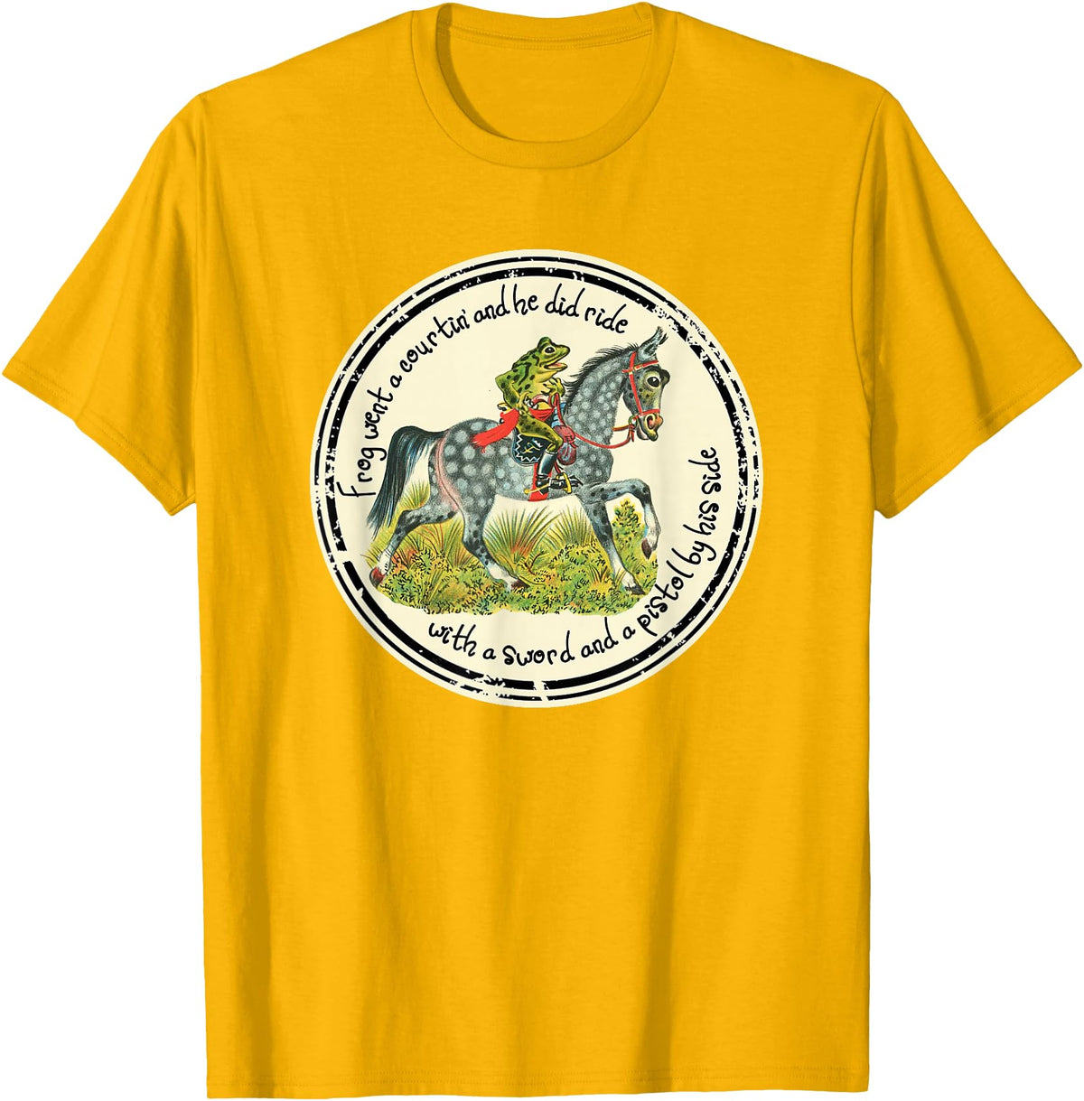Brown County General Frog Went a Courtin Riding Horse with Sword Folk Tale T-Shirt - Golden Yellow