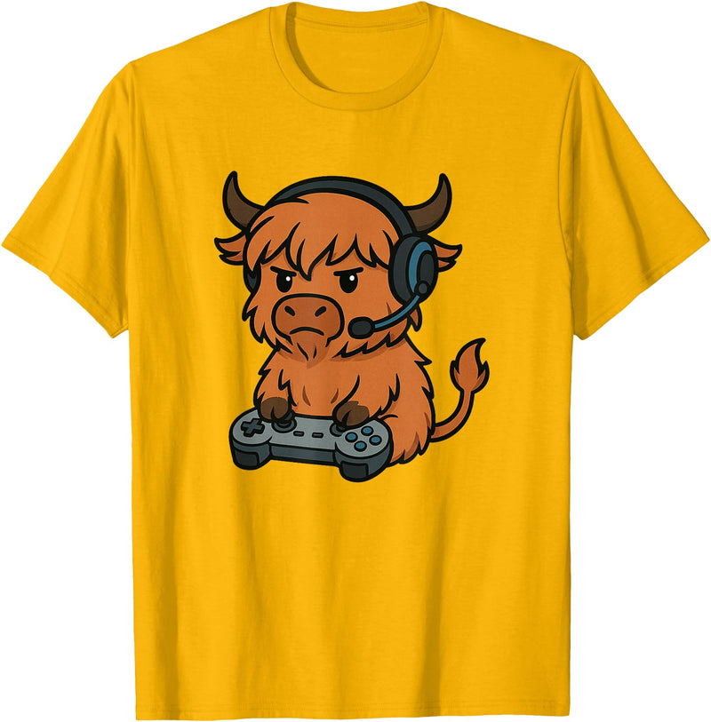 GamerAxis1 Highland Cow Gamer Gaming Retro Videogames Boys Girls Kids T-Shirt - Golden Yellow