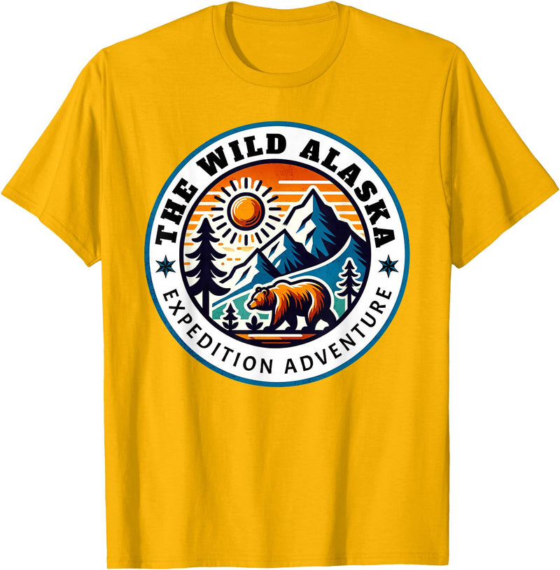 Hiking Glacier Bear and Alaska Frontier Apparel Glacier Mountain Landscape and Alaskan Bear Wildlife T-Shirt - Golden Yellow