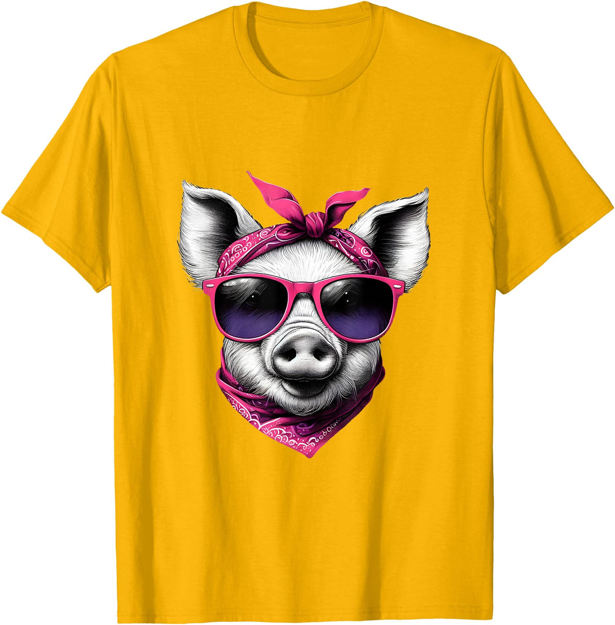 Fashionable Animals Wearing Pink Bandanas Pig Wearing A Pink Bandana Headband And Sunglasses T-Shirt - Golden Yellow