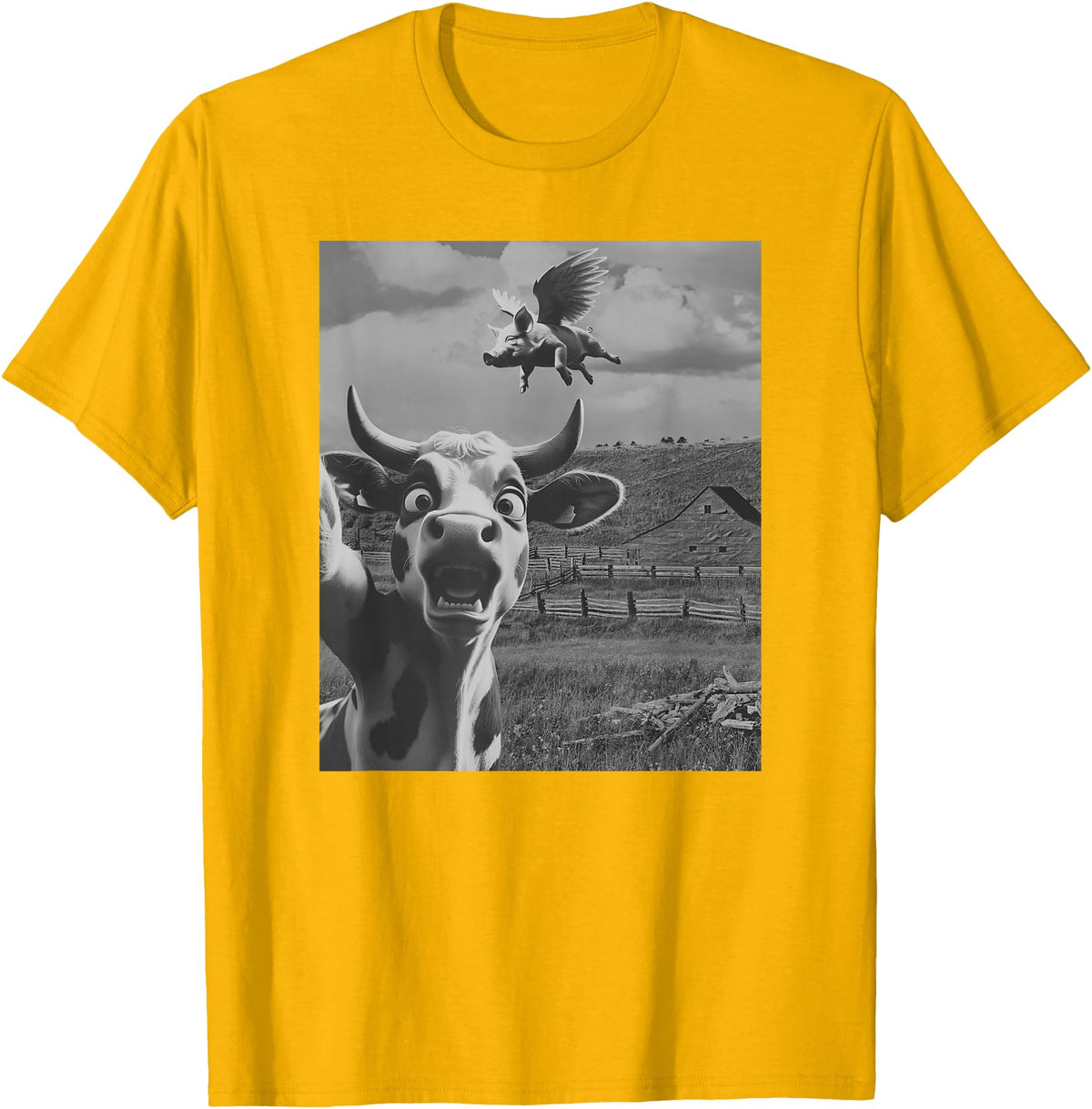 When Pigs Fly Pig Lover Designs Apparel Gifts Cow Selfie With Flying Pigs Fly Funny Gift for Men Women Kid T-Shirt - Golden Yellow