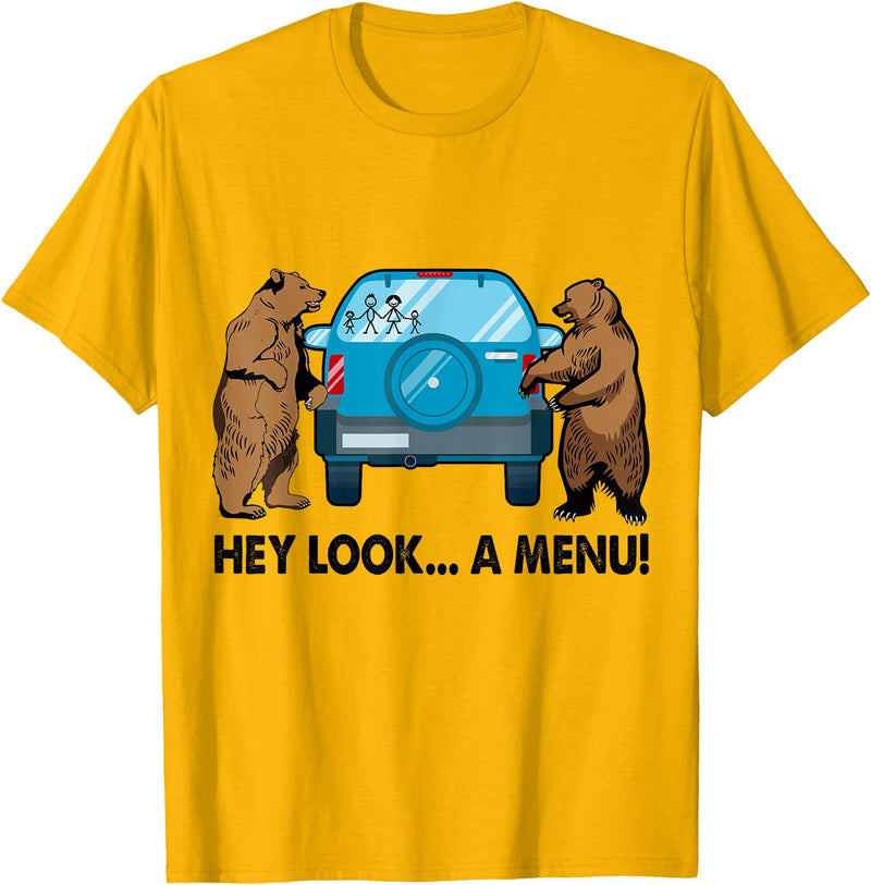 Funny Bear Attack Tips Camping Hiking Gifts Hey Look A Menu Funny Camping Camper Hiking Bear Outdoor T-Shirt - Golden Yellow