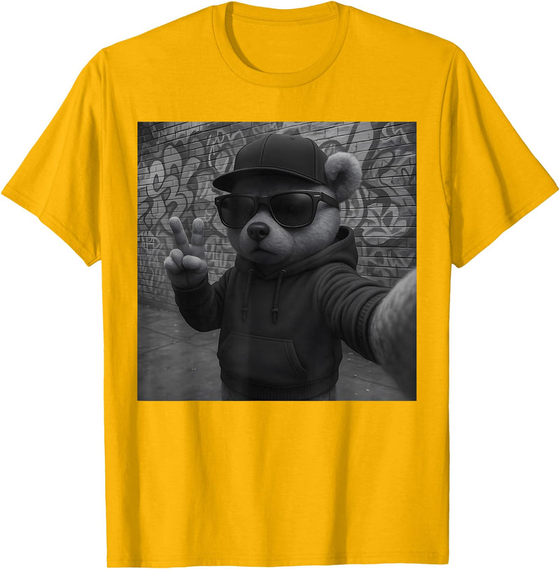 Teddy Bear Graphic Streetwear Hip Hop Men's Design Hip Hop Teddy Bear Selfie Urban Streetwear Peace Sign Rap T-Shirt - Golden Yellow