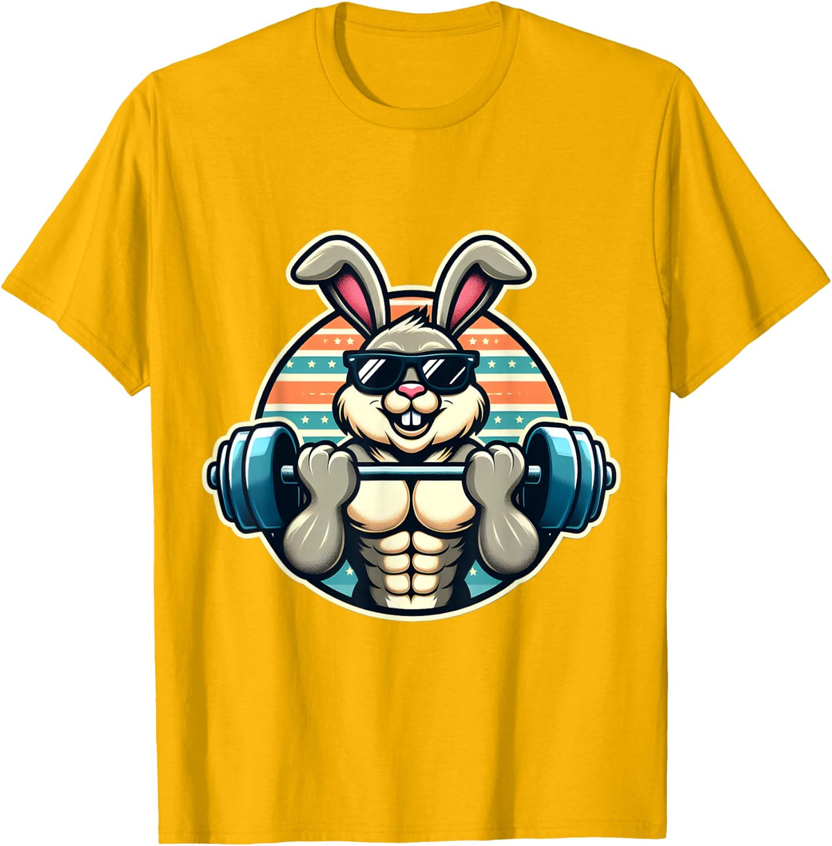 Happy Easter Bunny Rabbit Lifting Weights Training Muscular T-Shirt - Golden Yellow