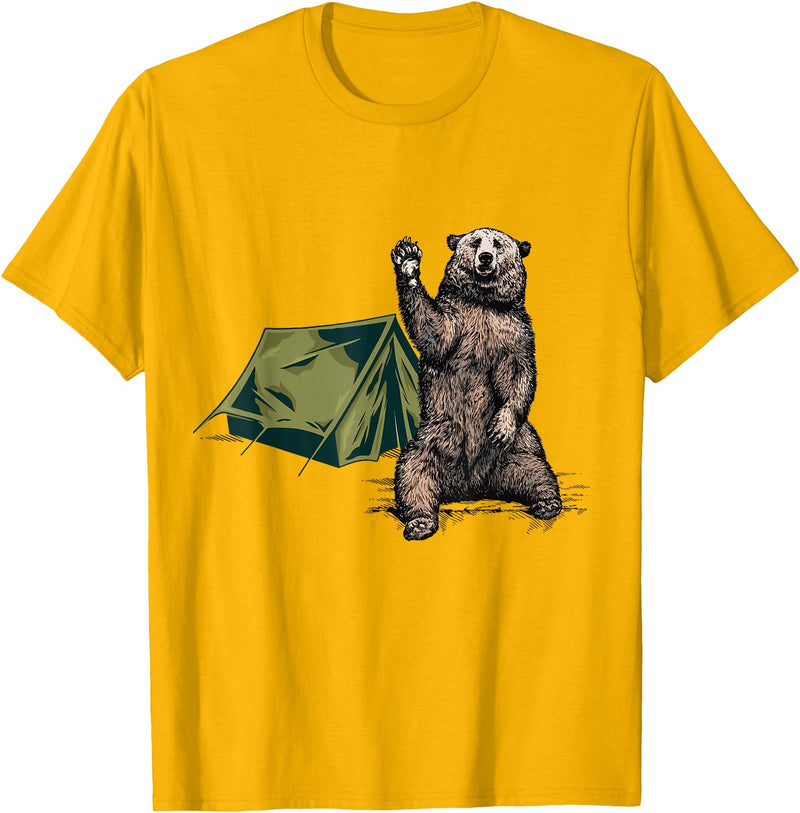 Funny Hiker Hiking Camping Bear Waving Funny Bear Waving Hiking Camping Bear Hiking T-Shirt - Golden Yellow