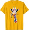 Colorful Floral Giraffe Rainbow Style Rainbow Giraffe with Flowers T-Shirt - Golden Yellow