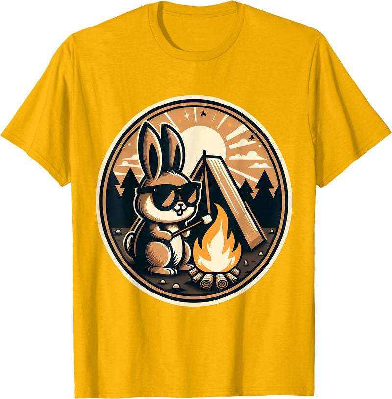 Happy Easter Bunny Rabbit Camping Camper Men Women Kids Cute T-Shirt in Golden Yellow