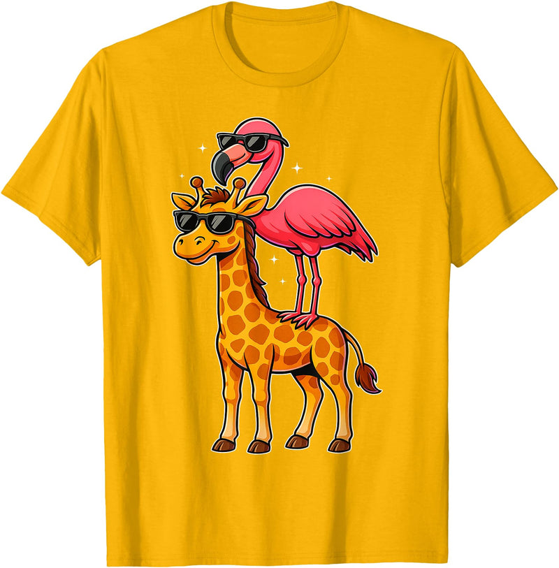 Funny Flamingo Riding Giraffe Cute Animals Funny Flamingo and Giraffe Cool Animals Friends T-Shirt - Golden Yellow