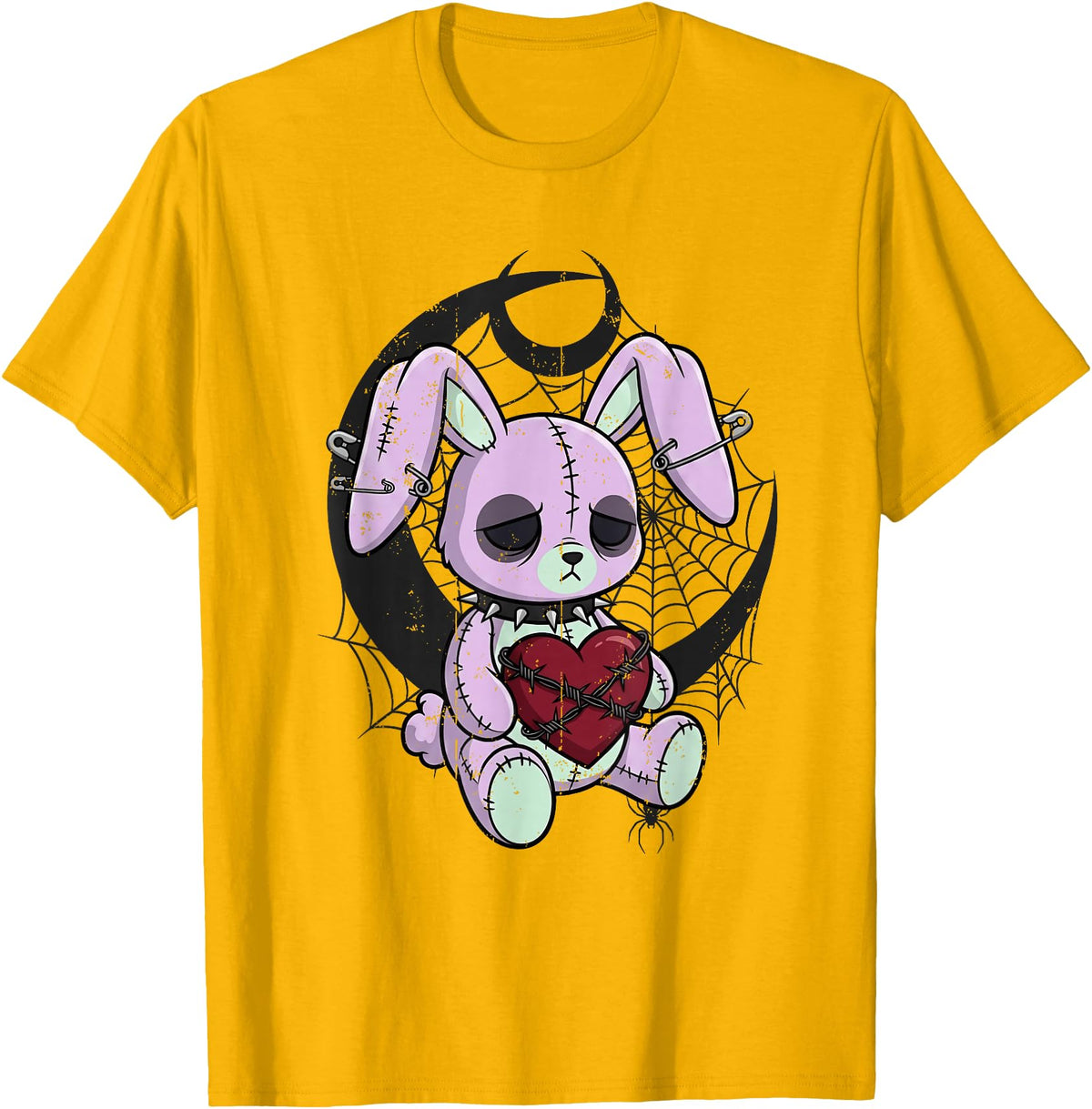 Creepy Cute Bunny Goth Heart Spiderweb Alt Pastel Rabbit T-Shirt in Golden Yellow