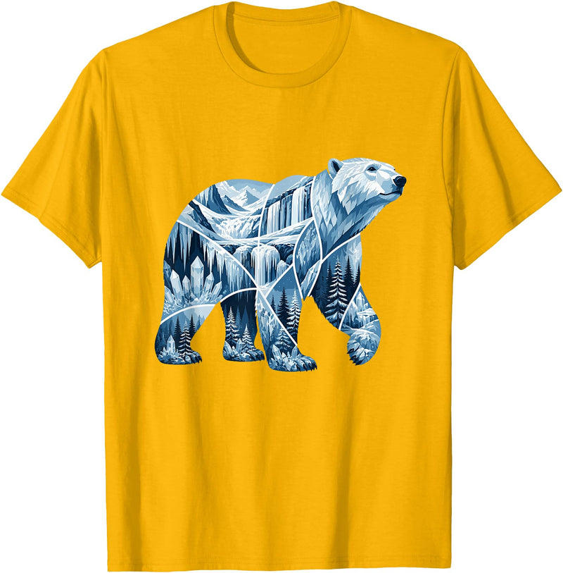 Arctic Polar Bear Mountain Waterfall Nature Arctic Polar Bear Forest Waterfall Landscape T-Shirt - Golden Yellow