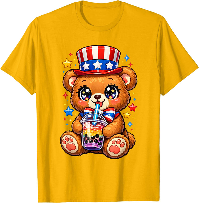 Kawaii Red White and Blue Fourth July Little Kids Cute Teddy Bear Patriotic 4th July Gift Bubble Boba Tea USA T-Shirt - Golden Yellow