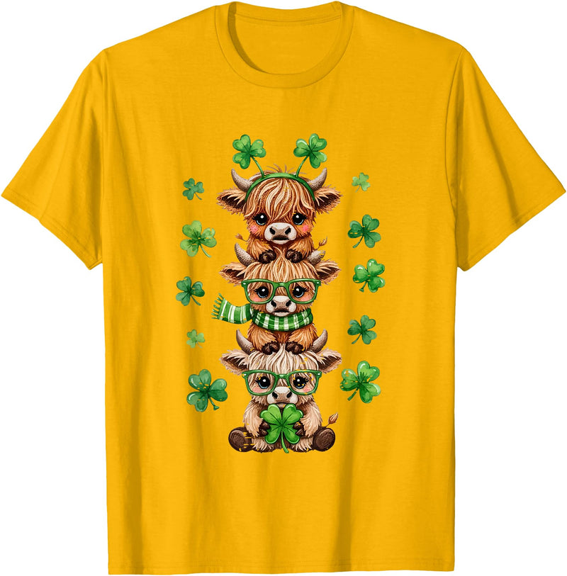 St Patricks Day Highland Cow Lucky Irish Shamrock Funny St Patrick's Day Highland Cow Lucky Shamrock Irish T-Shirt - Golden