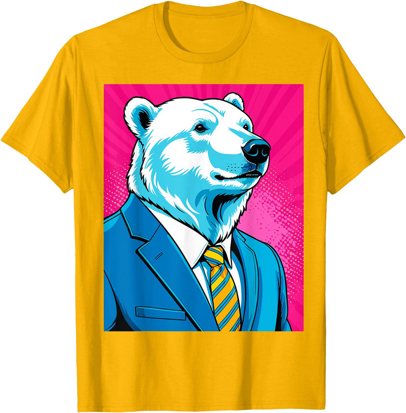 Pop Art Graphic Designs Co. Pop Art Polar Bear in Business Suit T-Shirt - Golden Yellow