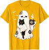 Halloween Cute Ghost Holding Black Cat Spooky Ghost Holding Black Cat Coffee Lover Funny Halloween T-Shirt - Golden Yellow