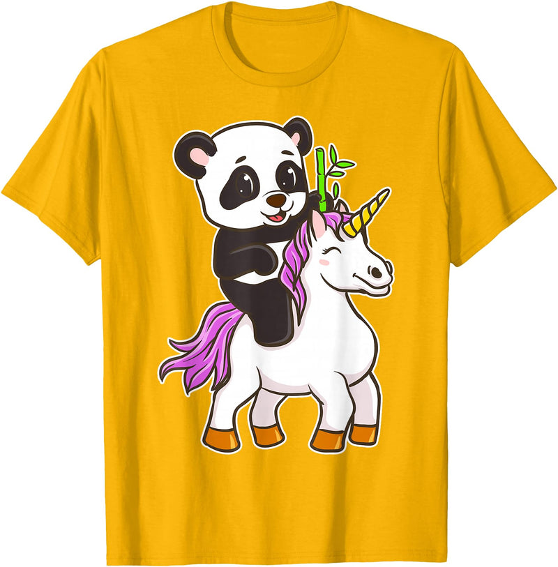 Panda Bear Unicorns Boys Girls Kids Panda Riding Unicorn Cute Magical Animals T-Shirt - Golden Yellow