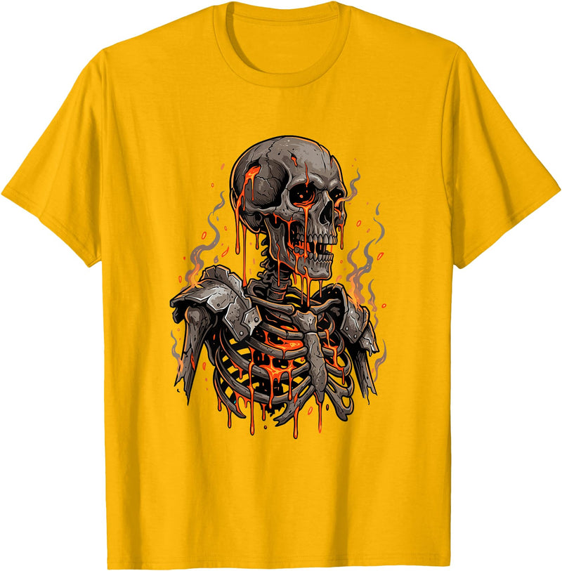 Molten Skull Fire Horror Skeleton Art Designs Spooky Halloween Skull Skeleton Fire Dark Fantasy T-Shirt - Golden Yellow