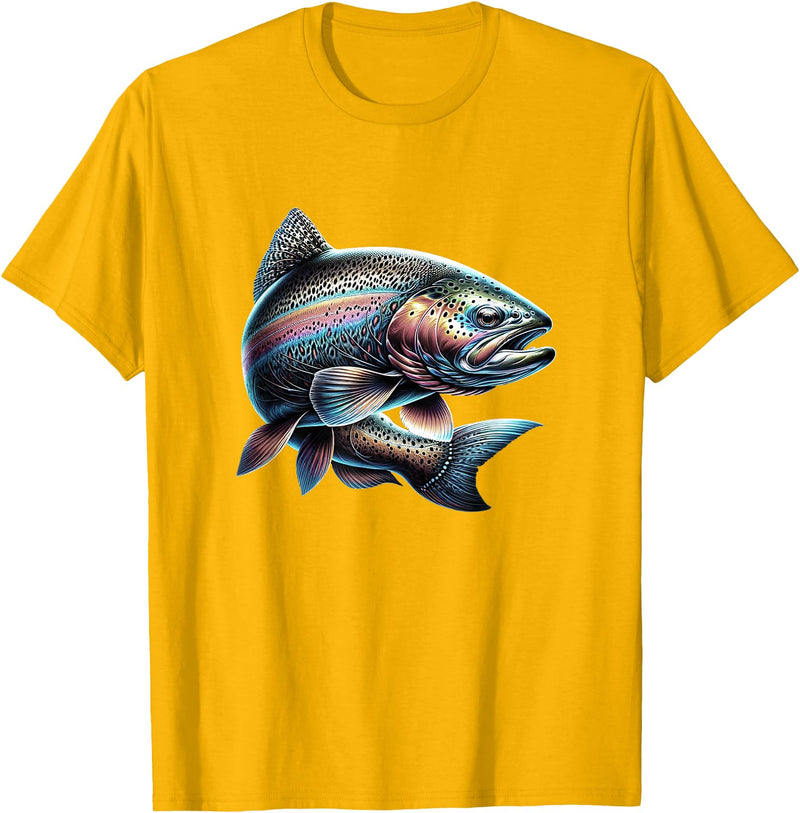 Steelhead Fishing - Unisex Adults & Kids Fishing T-Shirt - Black - Small - Short Sleeve - Cotton & Polyester - Modern Fish Graphic - Crew Neck - Regular Fit - Pull On - Imported - Golden Yellow