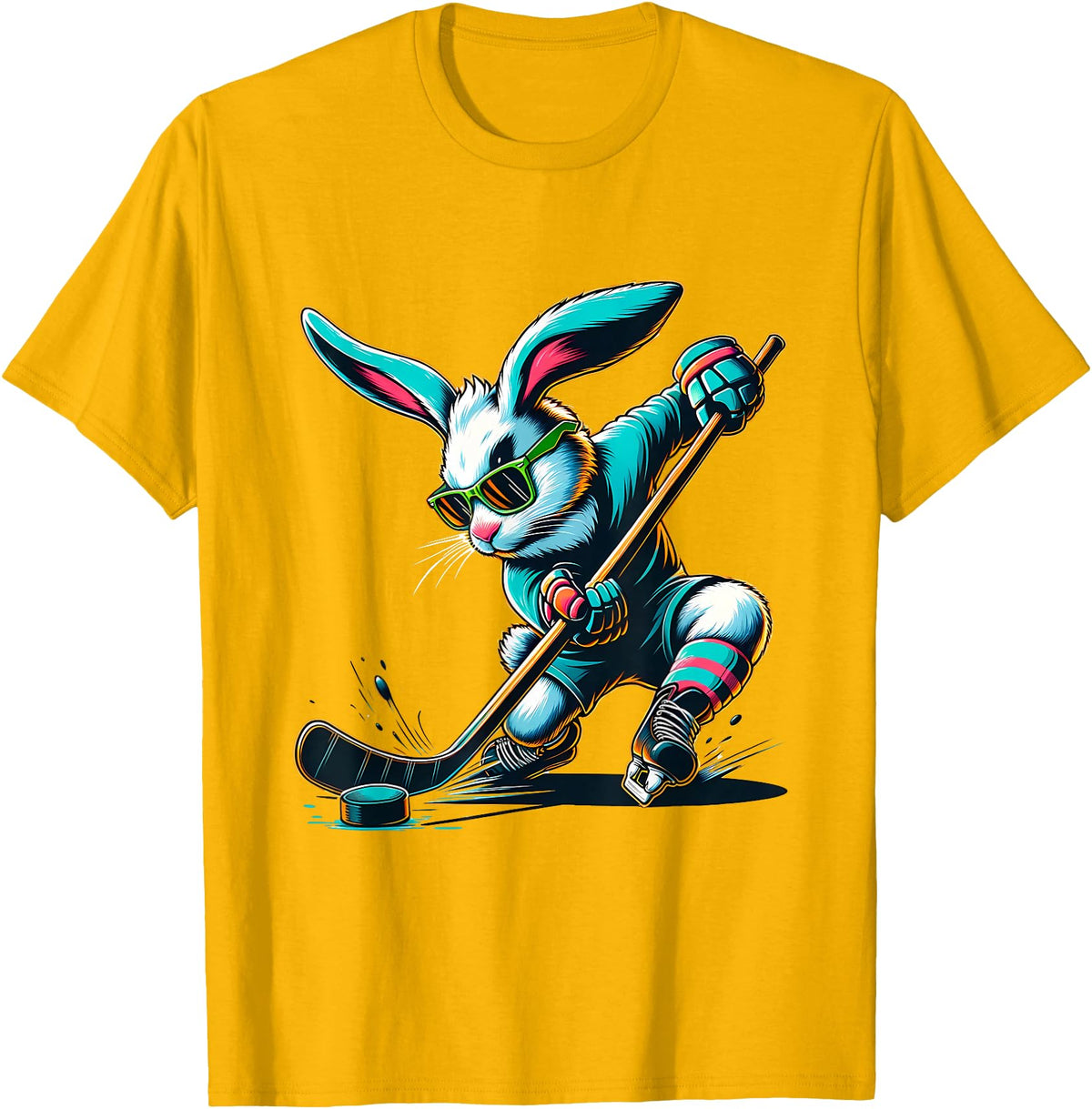 Easter Bunny Hockey Player Rabbit Egg Men Women Boys Kids T-Shirt in Golden Yellow
