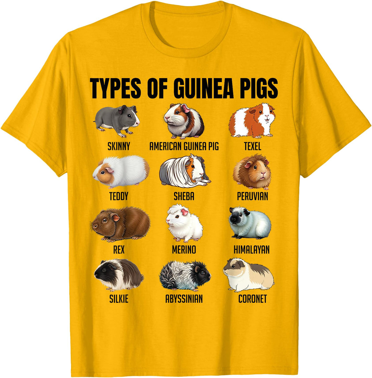 Educational Science Ideas Types of Guinea Pigs Educational Cavy Enthusiast Adults Kids T-Shirt - Golden Yellow
