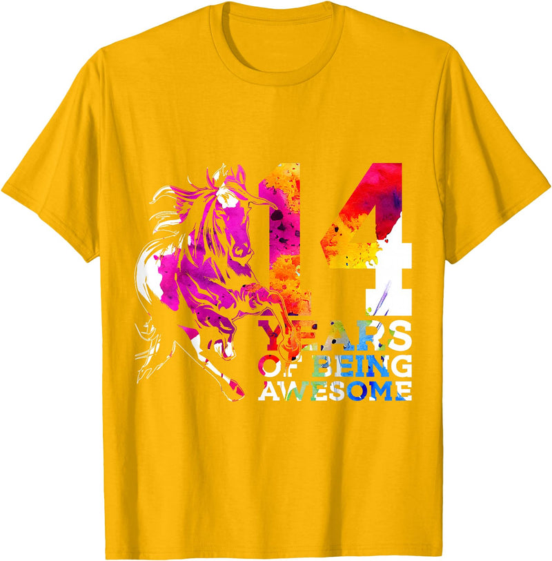 COOL HORSE DESIGNS AND OUTFITS HORSE 14 YEARS OF BEING AWESOME RIDING 14TH BIRTHDAY T-Shirt - Golden Yellow